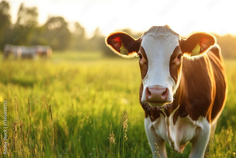 Poster joyful dairy cow enjoying a sunny day in a lush green meadow filled with vibrant grass and warm gold