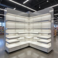 "Bright and Inviting Unoccupied Pharmacy Gondola Shelves with Integrated Downlighting for Placement Product"