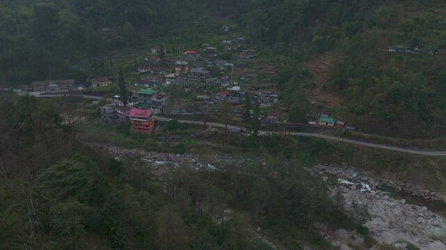 Aerial, drone shot 4k. Aerial view of the clear day in Pelling, Sikkim. Northern India. Indian Mountain. D Log. Bird eye View. Travelling Northeast Video. Indian mountain village. 