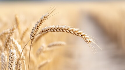 Wheat field. Ears of golden wheat close up. Beautiful Nature Sunset Landscape. Rural Scenery under Shining Sunlight. Background of ripening ears of wheat field.
