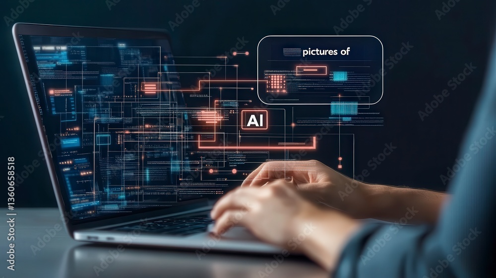 Poster a person interacting with a laptop displaying data and ai visualizations in a dark environment.