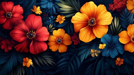 Obraz premium Vivid Floral Arrangement: Red, Yellow, and Blue Flowers with Dark Green Leaves for a Natural Aesthetic Backdrop.