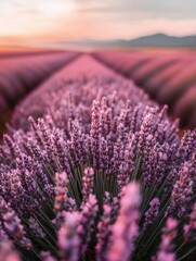 Obraz premium Beautiful Lavender Fields at Sunset in Provence, Showcasing Nature's Serene Beauty