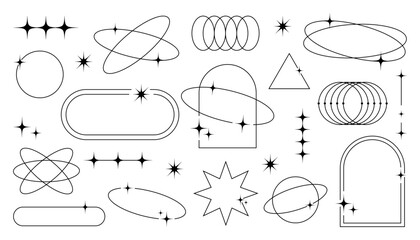 Geometric aesthetic abstract line frames and shapes, brutalism, Y2K style, futuristic orbit rings and cosmic sparkles © oksanagrytsyuk
