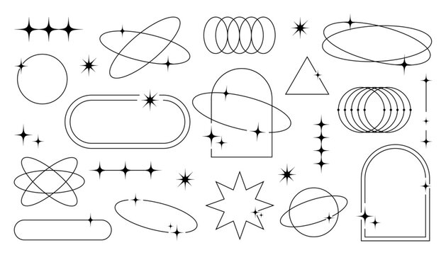 Geometric aesthetic abstract line frames and shapes, brutalism, Y2K style, futuristic orbit rings and cosmic sparkles