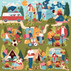 Obraz premium Family Camping. Flat Vector Illustration