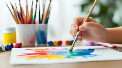 A hand painting with vibrant colors on paper, surrounded by art supplies.