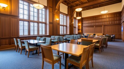 Spacious and elegant study room with wooden decor, large windows, and organized tables