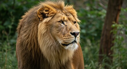 Fototapeta premium A magnificent male lion looking intently into the distance with pride