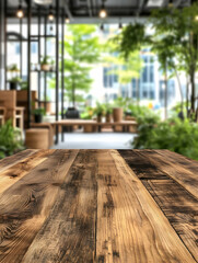 Fototapeta premium Rustic Wooden Tabletop, Urban Cafe Garden View
