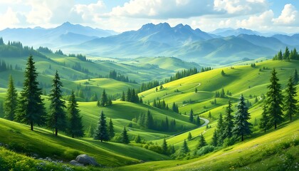Fototapeta premium wallpaper trees mountains and summer landscape with mountains
