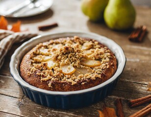 Warm Cinnamon Pear Cake with Streusel Topping Shot Angled in Ceramic Dish Under Cozy Autumn Light
