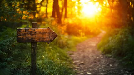 Nature trail with wooden sign pointing towards sunset in a forest during golden hour