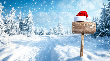 Snowy winter landscape with a festive Santa hat on a wooden signpost marking a scenic trail