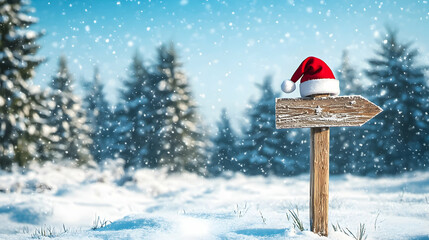Snowy winter landscape with a wooden signpost wearing a Christmas hat and falling snowflakes in a forest setting