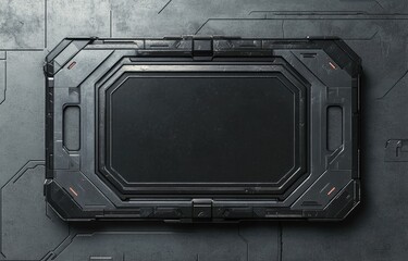 Futuristic black rectangular panel with etched details on a grey textured surface