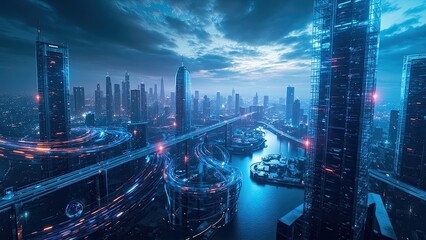 A futuristic cityscape at night, featuring tall skyscrapers illuminated in blue and red lights. Elevated highways weave through the buildings, reflecting in the water, creating a dramatic and advanced