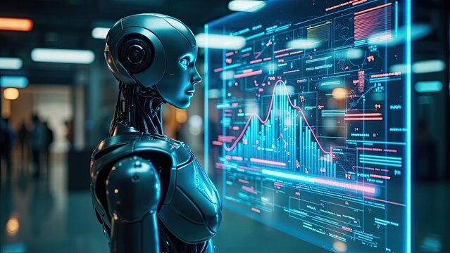 A humanoid robot interacts with a large transparent digital screen displaying data visualizations and colorful graphs. The high-tech background suggests a modern laboratory or futuristic control cente