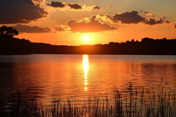 bold sunset above water blends peace with rich tones well  
