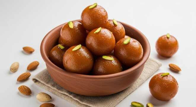 A bowl full of gulab jamun with pistachio garnish and almonds on a white surface and cloth napkin