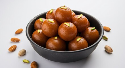 A bowl filled with gulab jamun topped with pistachios and almonds scattered around it on a white surface