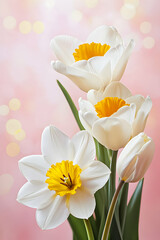 Obraz premium Bright white flowers with yellow centers stand tall against a soft pink background in a floral arrangement
