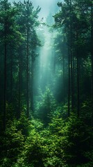Obraz premium Enchanted misty forest with golden sunlight high resolution wallpaper