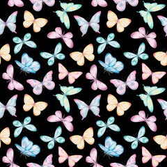 Seamless pattern with hand drawn colorful watercolor butterflies on the black background. Perfect for textile, wrapping paper, fabric, backdrop, wall hanging, scrapbooking, home decoration, bedding