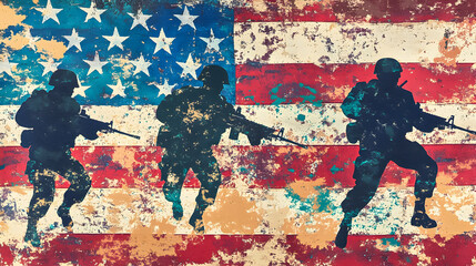 Naklejka premium Soldiers in silhouette advance against a weathered American flag backdrop during a moment of unity and patriotism