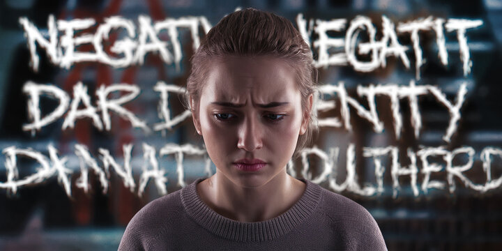Close-up of young woman with sad expression, against blurred background of negative words, showcasing themes of identity crisis, depression, and self-doubt