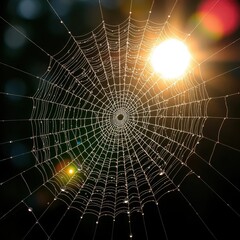 Intricate spiderweb glistening with dew, sunlight reflecting, intricate, geometry, delicate