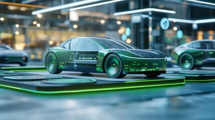 Electric cars displayed on platform. Battery modules visible. Futuristic eco-friendly vehicles. Innovative tech cars. Modern transportation showcase. Electric car components clearly shown. Green