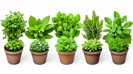 Obraz premium Six potted herbs on white background