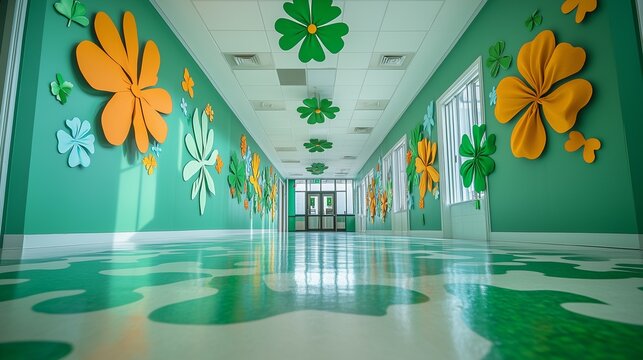 School Hallway Decorated for St. Patrick's Day with Handmade Crafts and Eco-Friendly Materials