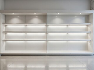 "Modern Bare Minimalist Pharmacy Shelving with LED Strips for Product Placement"