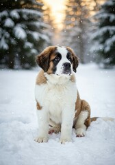 Fluffy Saint Bernard Puppy Sitting in Snowy Landscape &ndash; Winter Pet Portrait
