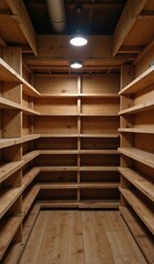 "Vacant Wooden Crate-Style Grocery Shelves Bathed in Warm Ambient Light for Placement Product"