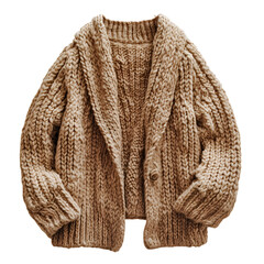 Brown Cable Knit Cardigan Sweater Isolated on Transparent Background