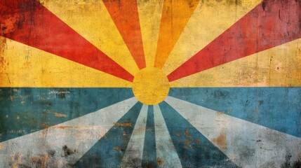 Colorful retro sunburst background with grunge vintage banner design. Distressed texture with rainbow colors radiating from center. Vibrant colors create bold pattern. Abstract design evokes