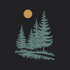 Illustration of a serene forest with tall green pine trees under a glowing yellow moon