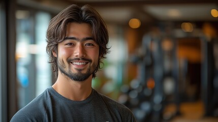 Fototapeta premium Smiling man in gym, close-up, modern fitness center background