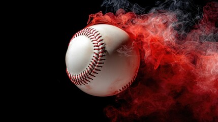 White baseball engulfed in swirling red vape smoke on a deep black background.