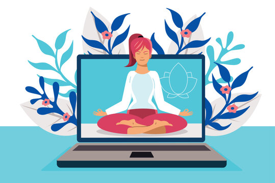 Woman meditating inside laptop screen for mindfulness and stress relief. Flat vector illustration