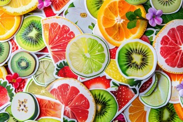 Colorful arrangement of fruit-shaped stickers on a vibrant background