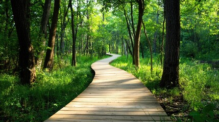 Fototapeta premium Wooden boardwalk cutting through a vibrant green forest, dappled in soft morning sunlight.