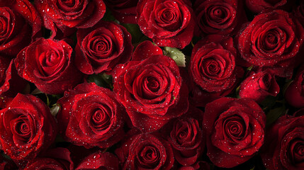 Fototapeta premium Close-up of fresh red roses with water droplets, perfect for romantic occasions, Valentine's Day, love-themed designs, greeting cards, floral backgrounds, wedding visuals, or emotional moodboards