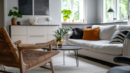 A living room featuring a woven chair, sofa, round table, and a cabinet with decorative items