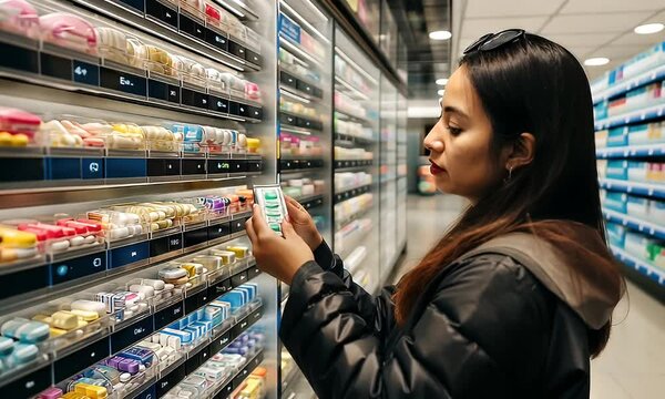 Woman selecting medicine in pharmacy aisle