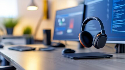 Naklejka premium Modern workspace featuring sleek monitors and headphones, with ambient lighting and greenery