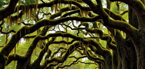 Fototapeta premium Ancient mossy live oak branches arch overhead, forming a natural tunnel, wildlife, grove